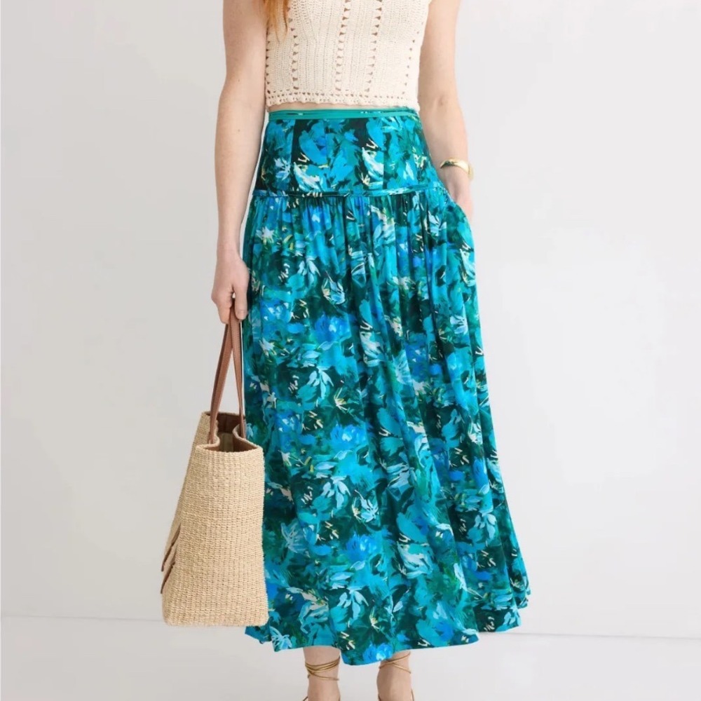 Ulla Johnson Blue Teal Floral Lyocell Maxi Skirt High Waisted Sz 6 Floral Print